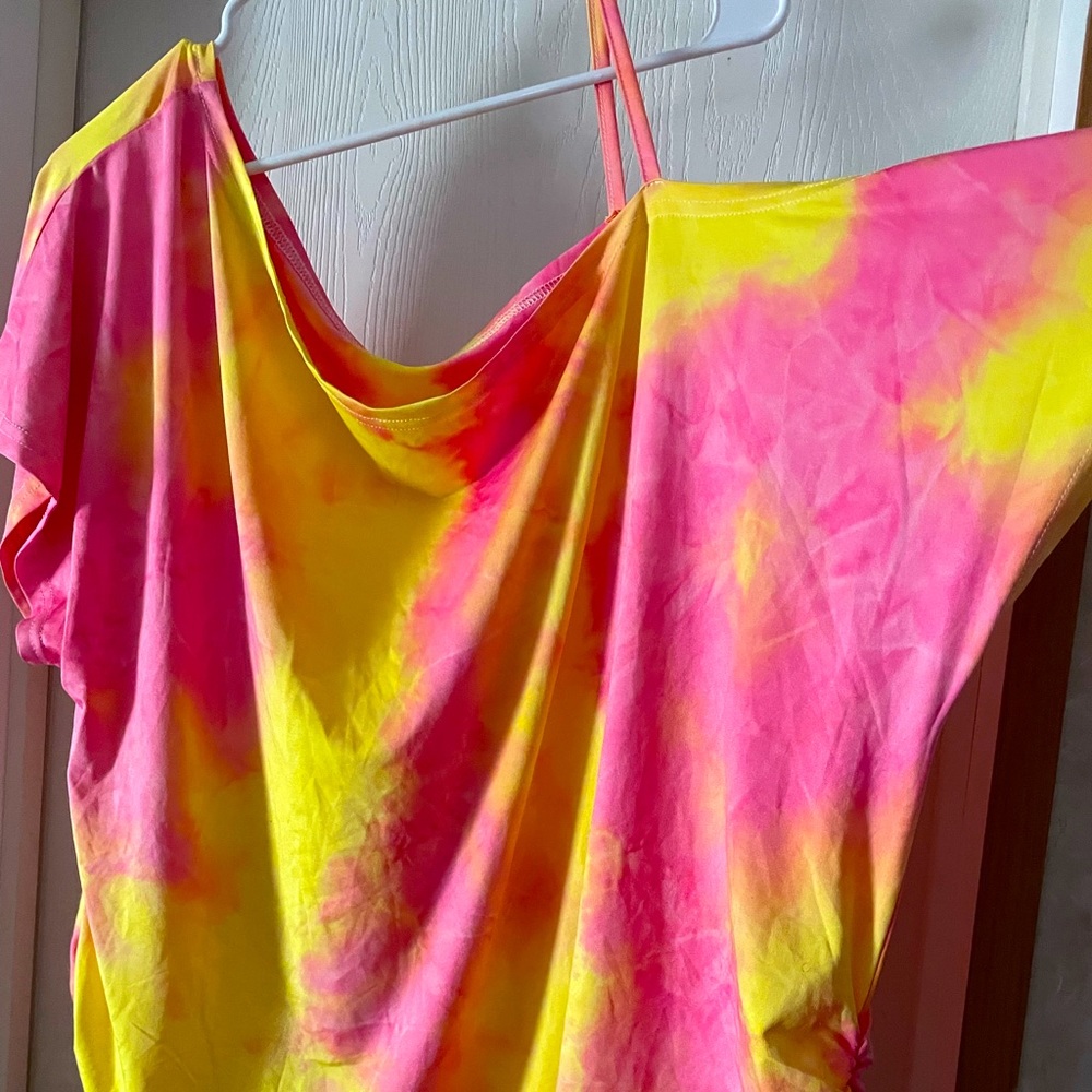 Pink and yellow off the shoulder tee